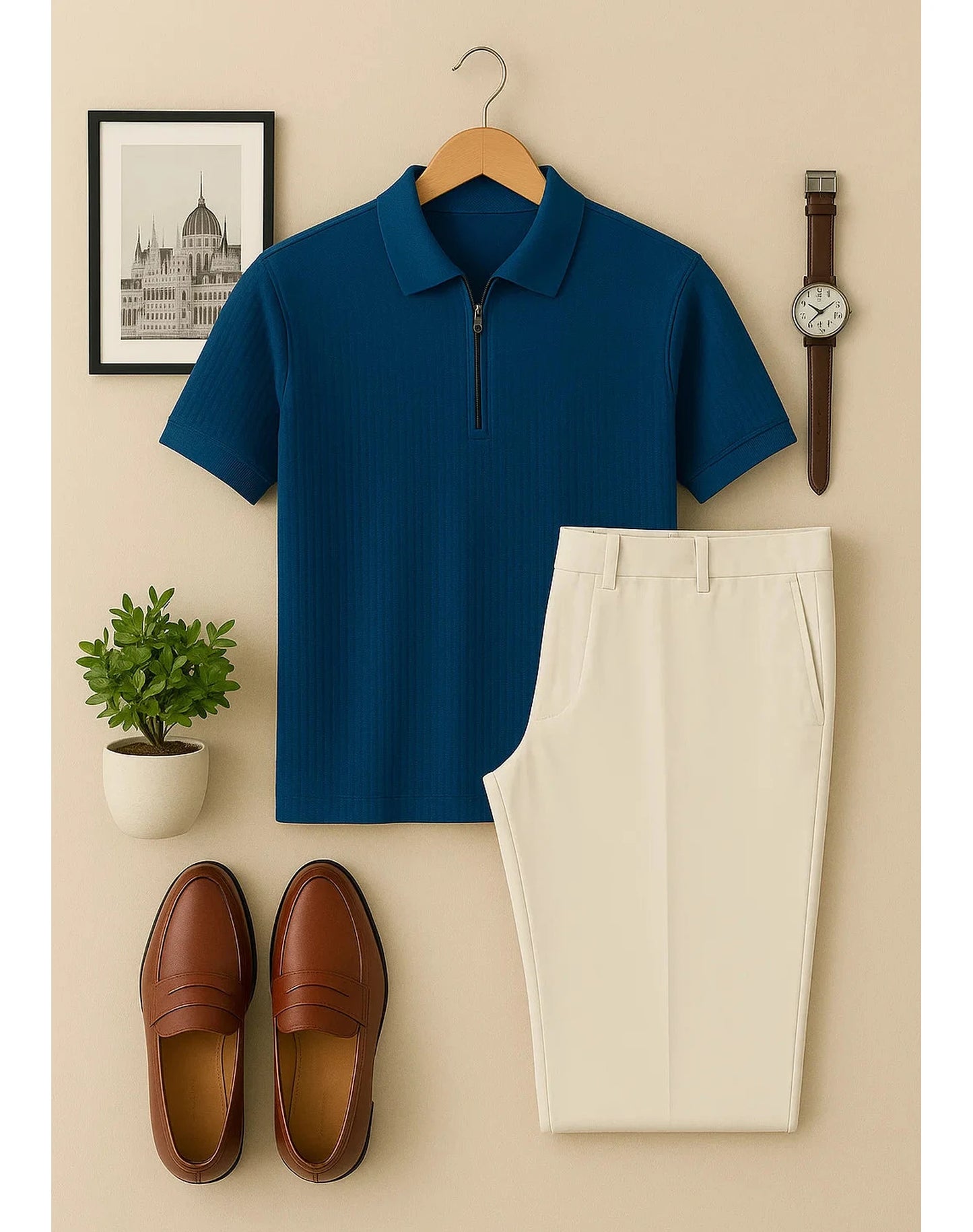 House of Panther Men's Striped Polo T-Shirt Blue & White Formal Trouser Combo